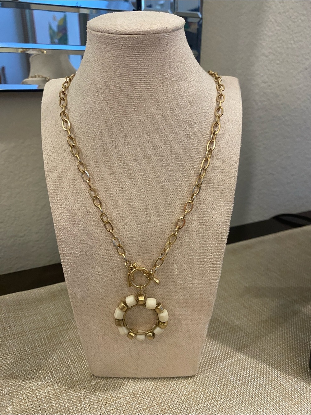 Gold Chain Necklace with Ivory Bead Circle Pendant